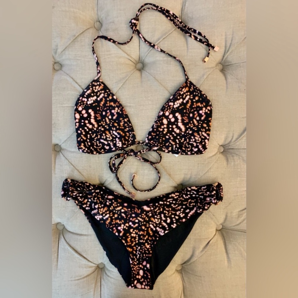 Victoria's Secret Black Bikini with Pink and Peach Speckle Print
